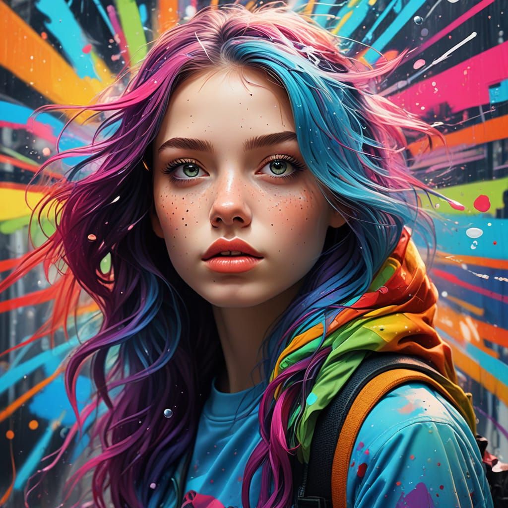 Vibrant Rainbow Meets Urban Art in Naive Style Masterpiece