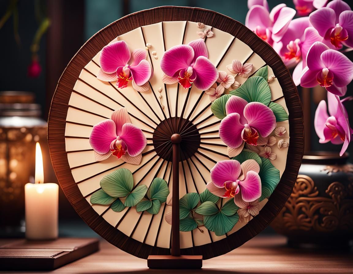 Luxury Japanese Fan with Orchids in 8K Resolution