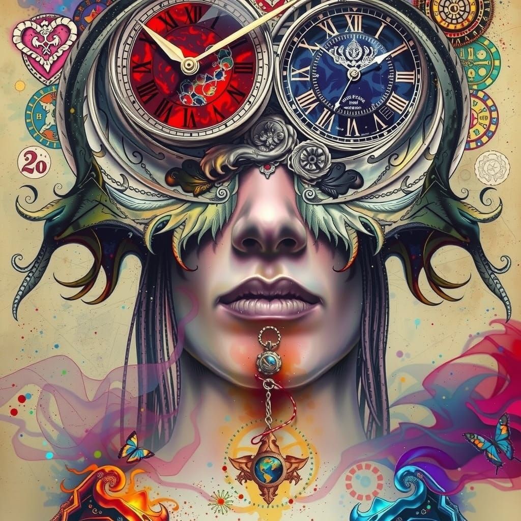 Keeper of Time in Vibrant Mixed Media Ink Style