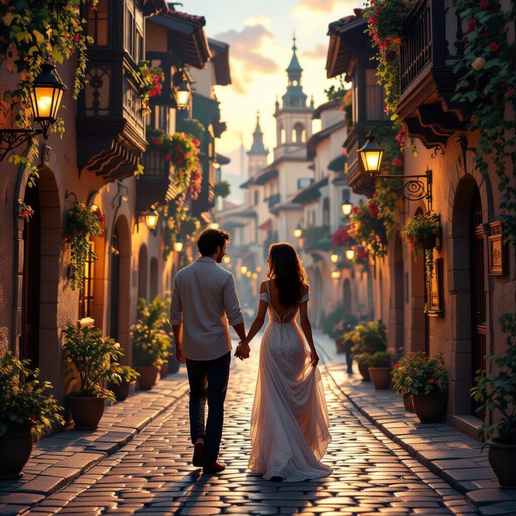 Romantic Couple Exploring Ancient European City Street