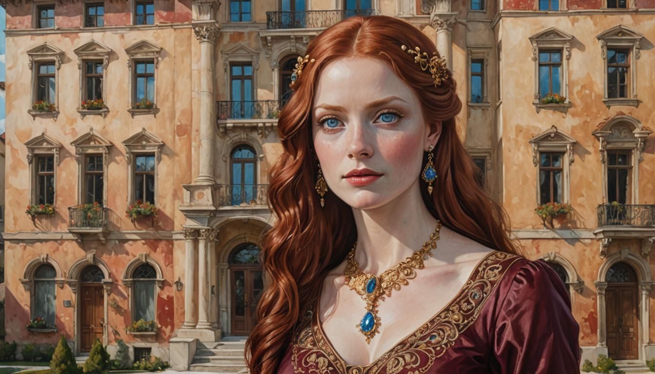 Redhead in Burgundy Dress Before Mansion, Oil Painting