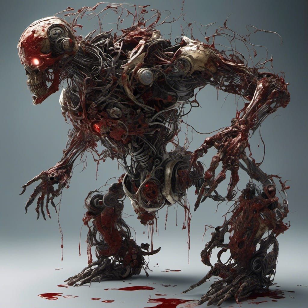 Hyperrealistic Robot in Bloody Battle Scene