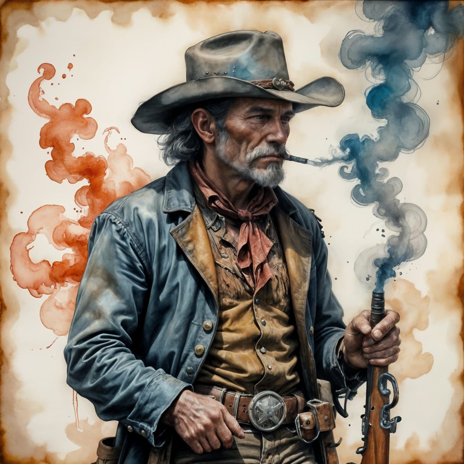 Cowboy Smoking, Ink and Watercolor Sketch