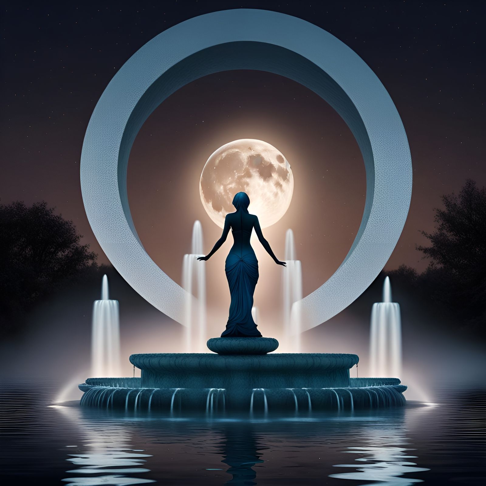 Mystical Fountain with Moonlit Woman