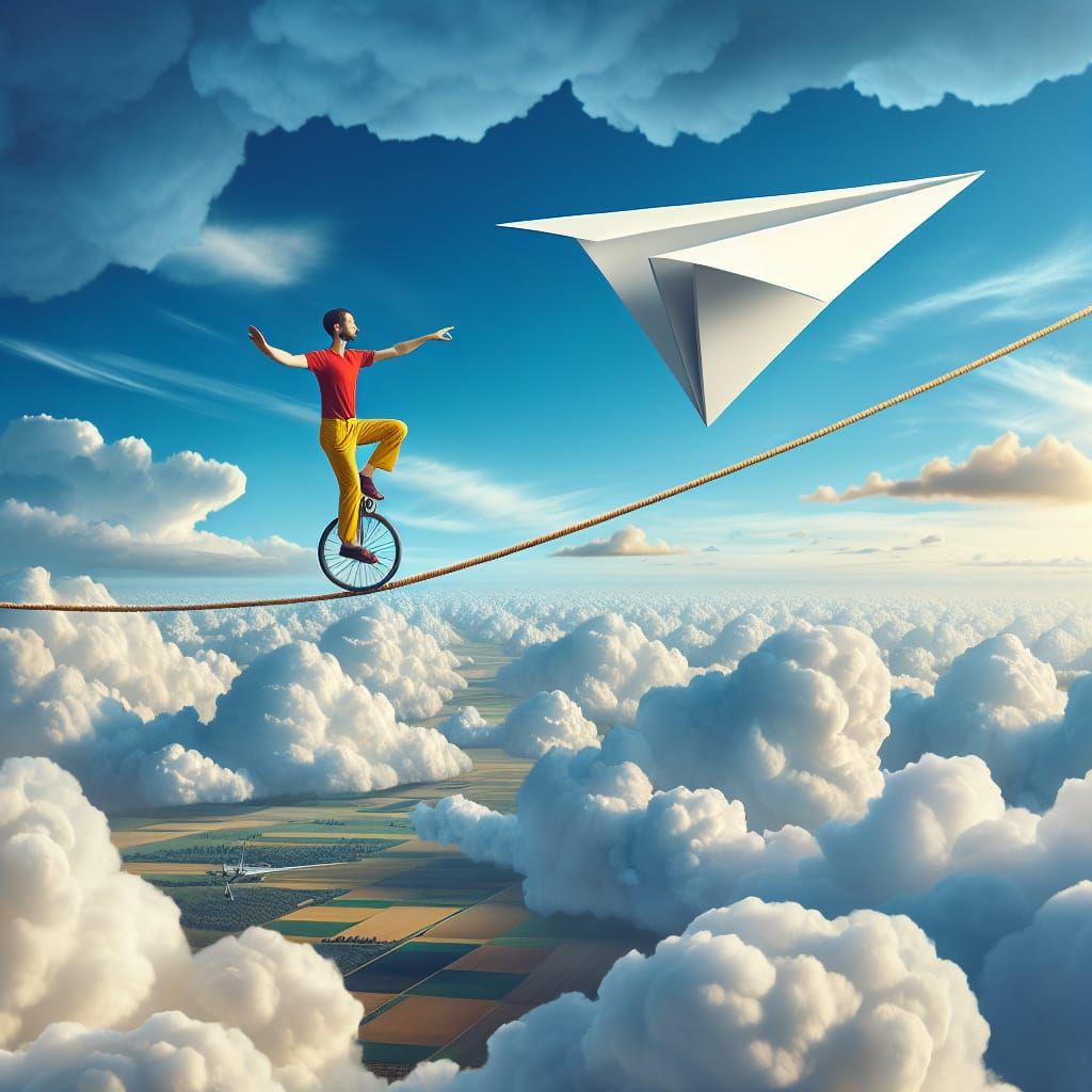 Surreal Unicyclist Balancing on Tightrope Above Clouds