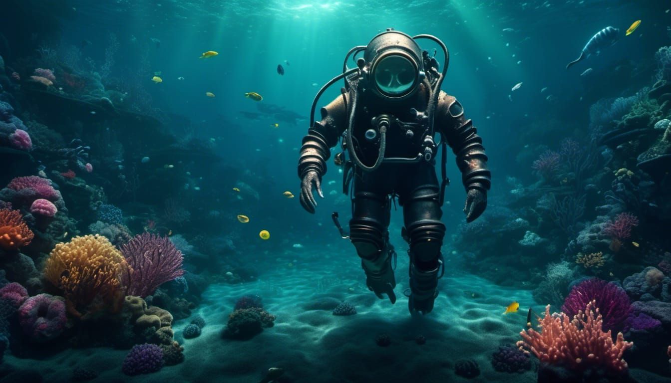 Diver Explores Dark Seafloor in Old Diving Suit