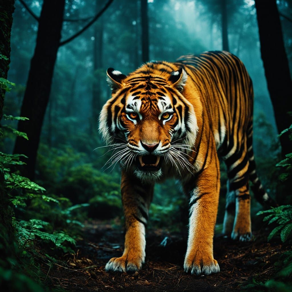 Majestic Tiger in Midnight Forest