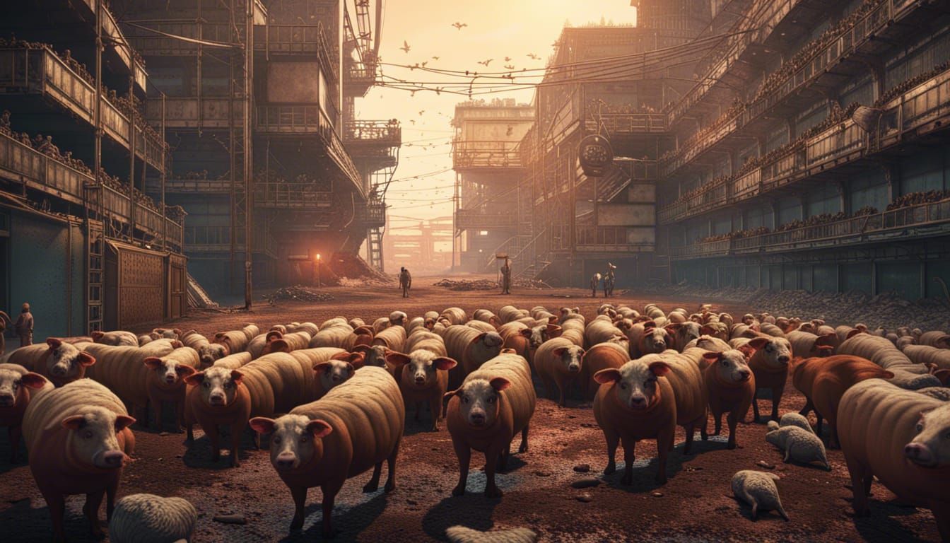 Dystopian Animal Farm: Cinematic 16k Resolution Scene