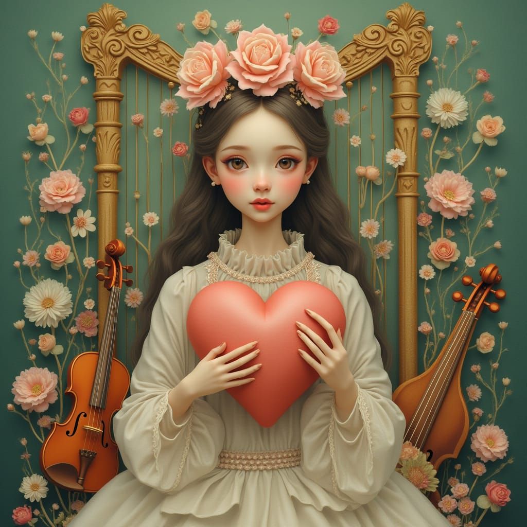 Whimsical Girl with Heart and Musical Instruments in Pastel ...