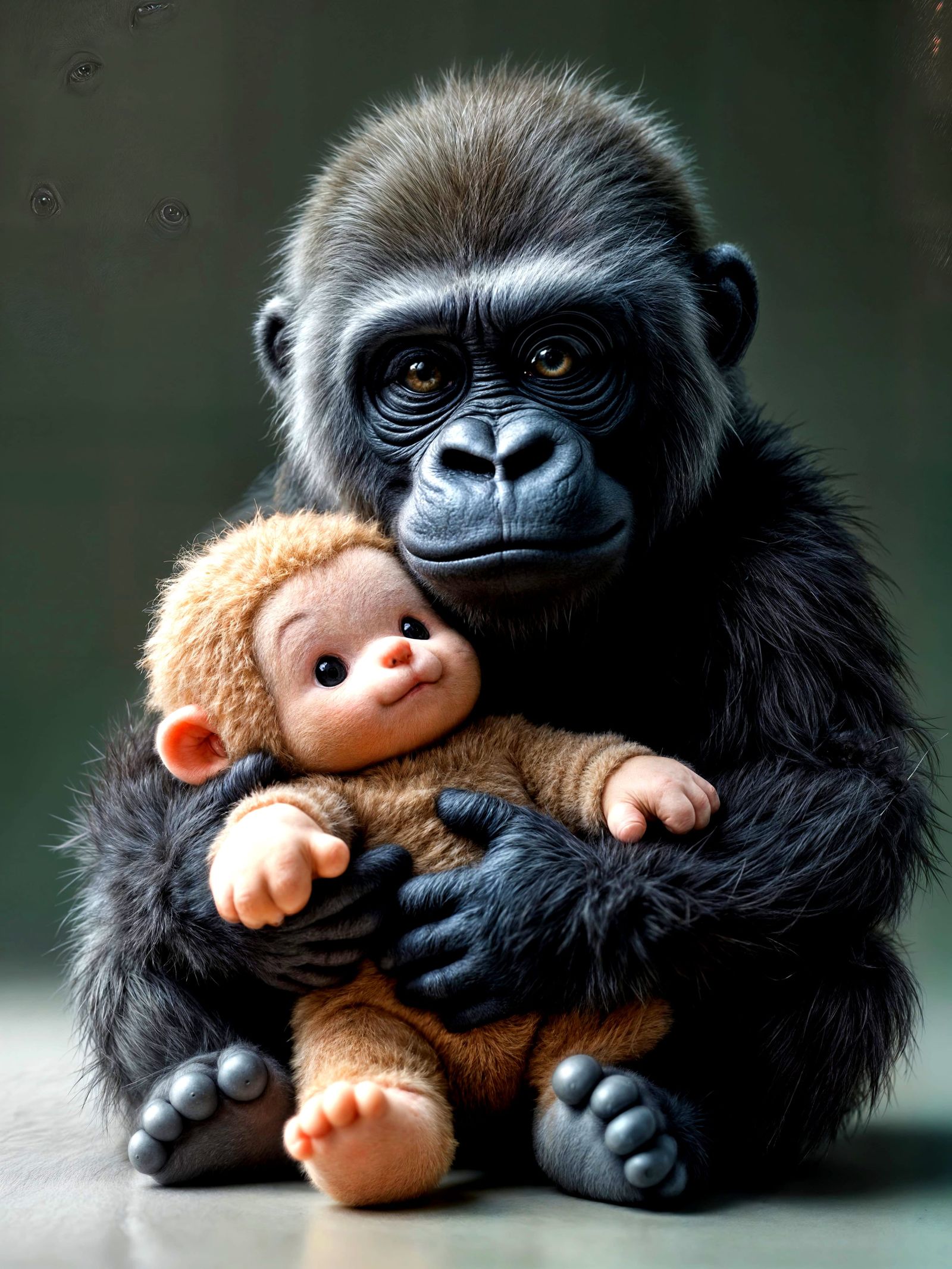 Surreal Silverback Gorilla Baby with Plush Toy