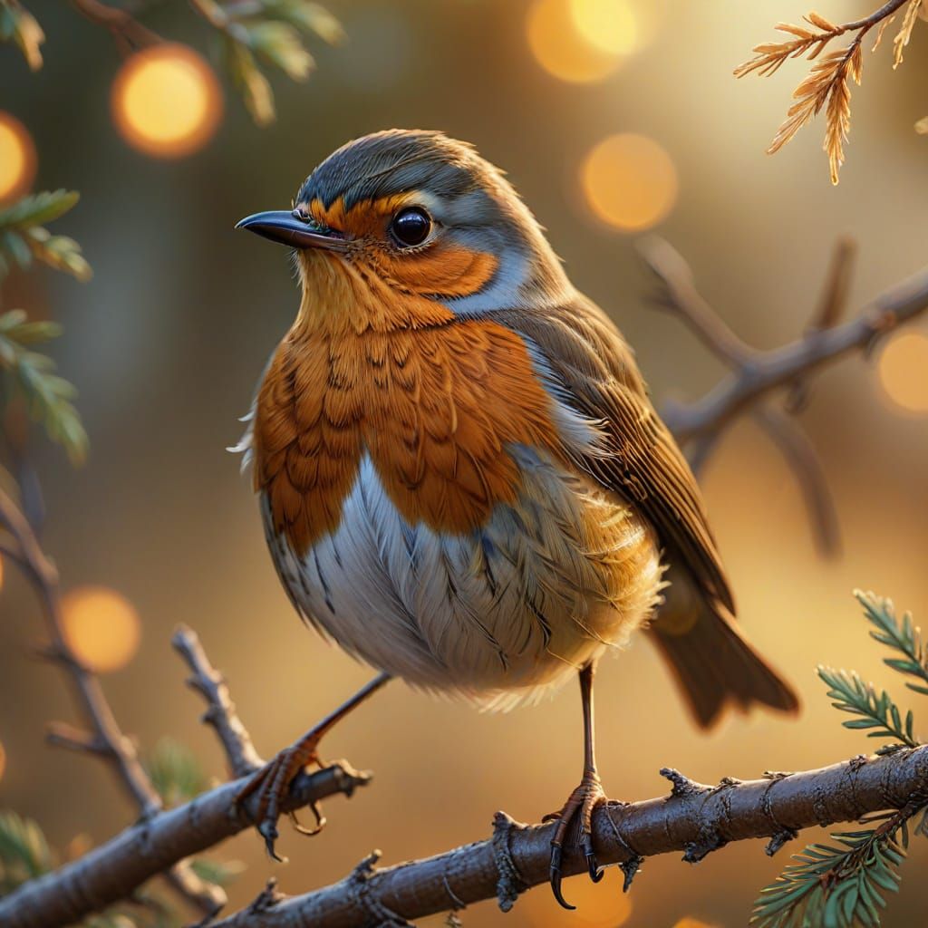 A hyper-realistic proud Robin perched on a branch