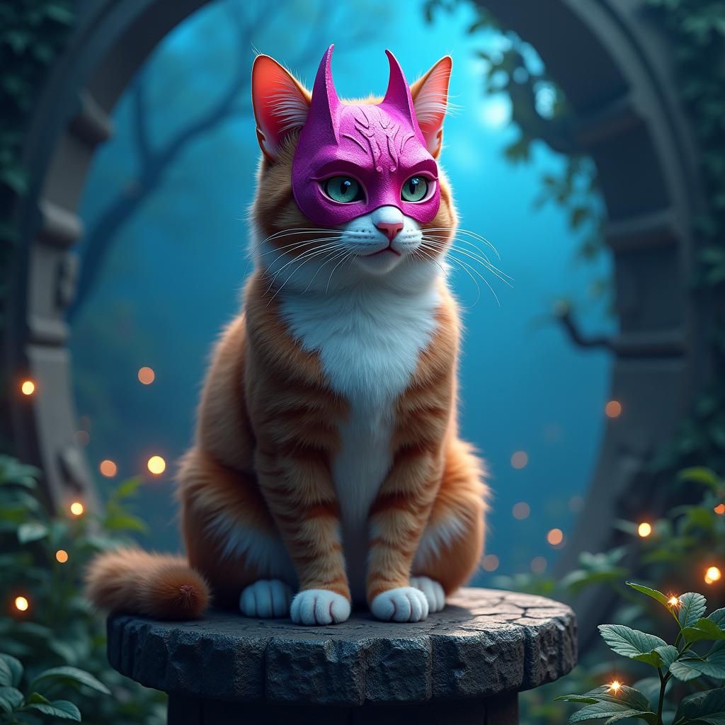 Cat in Batman Mask on Stone Pedestal