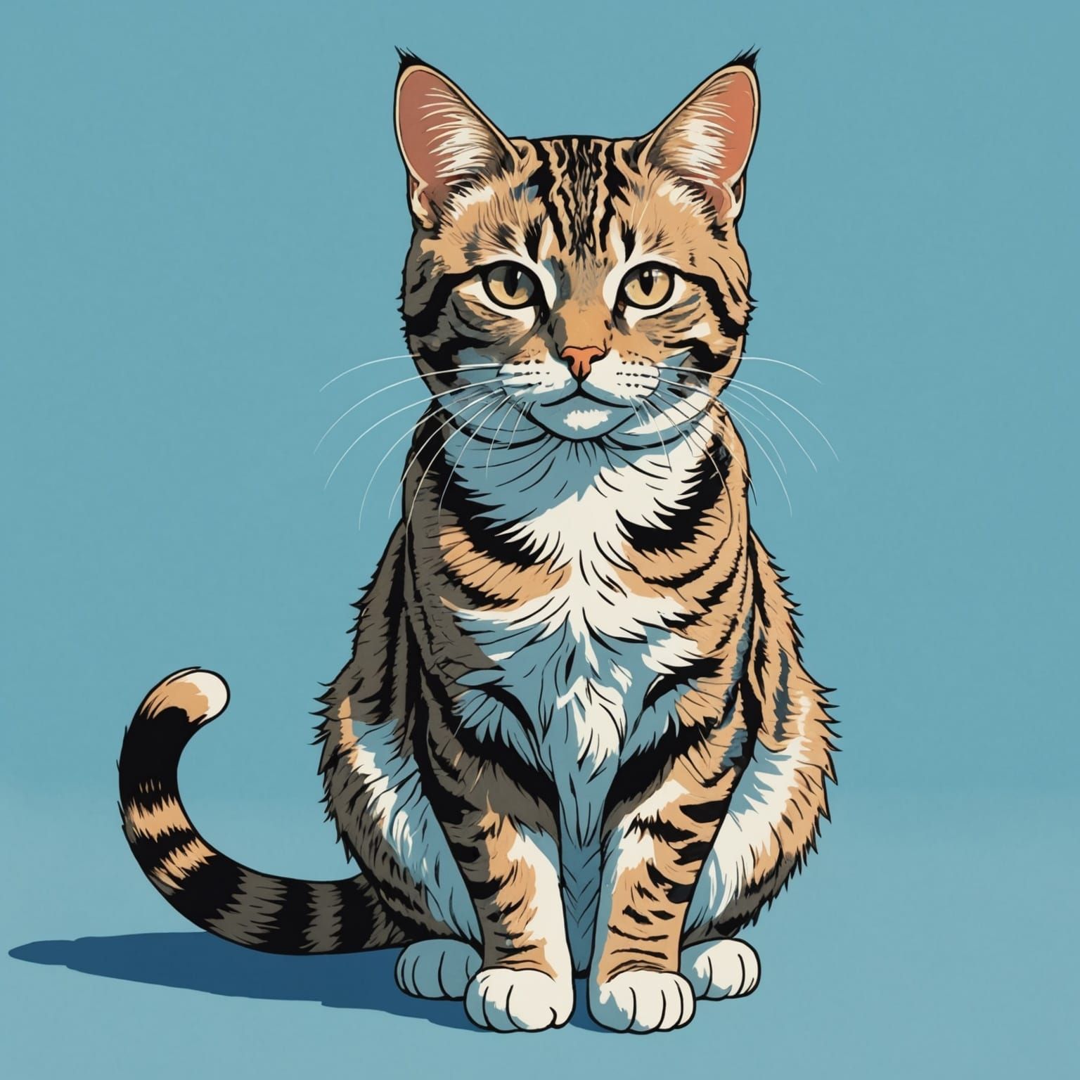 Tabby Cat in Ukiyo-e Style on Blue