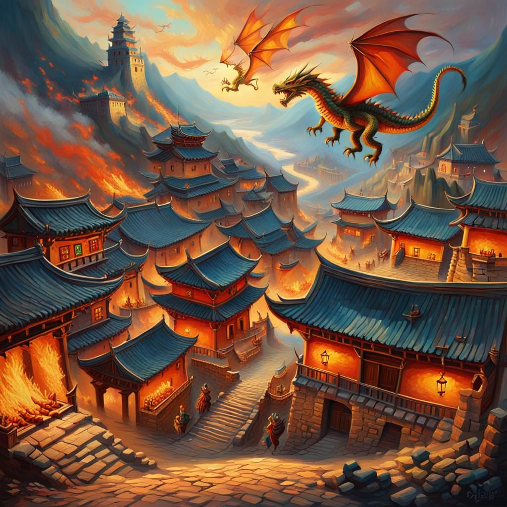 Dragon's Fiery Reign: A Triadic Oil Painting