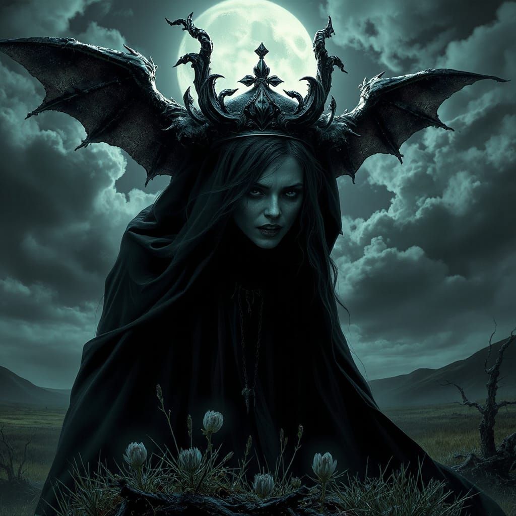 Spectral Vampire Witch with Obsidian Crown Over Moor