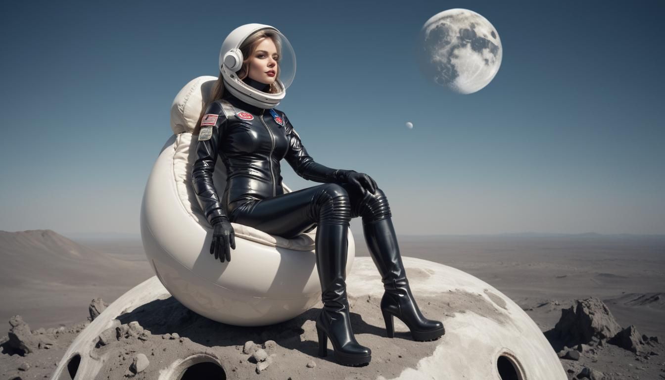 Astronaut in Latex Catsuit on Moon Gazing at Earth