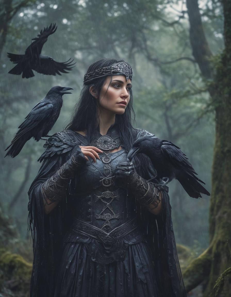 Celtic Goddess Morrigan with Raven in Twilight