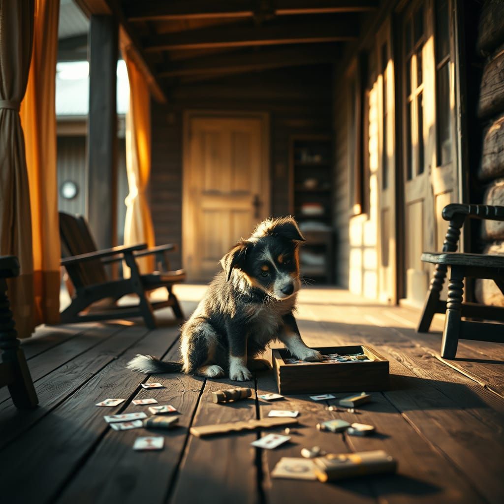 Australian Blue Heeler Puppy Engrossed in Board Game on Rust...