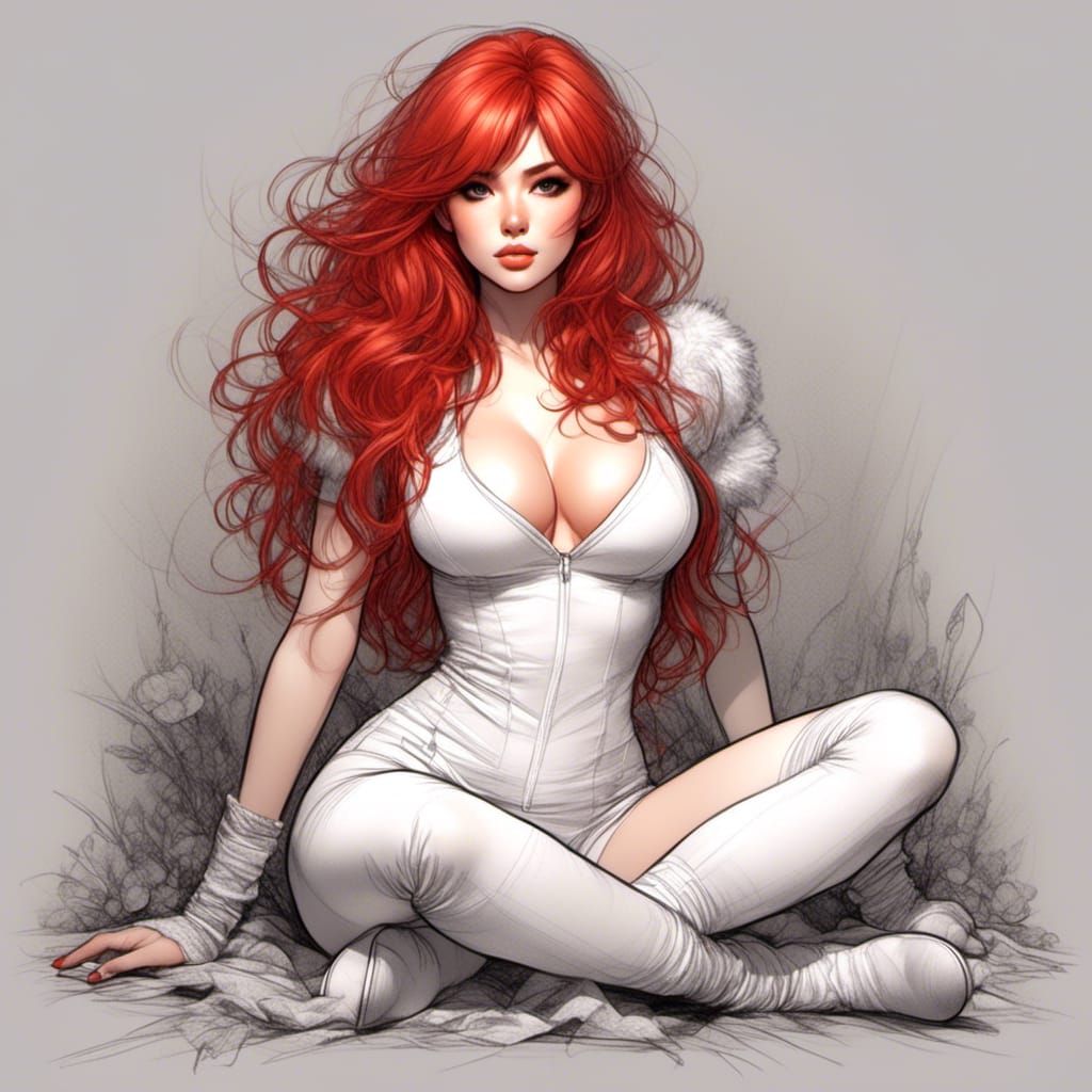 Anime Girl in White Teddy, Detailed Color Sketch