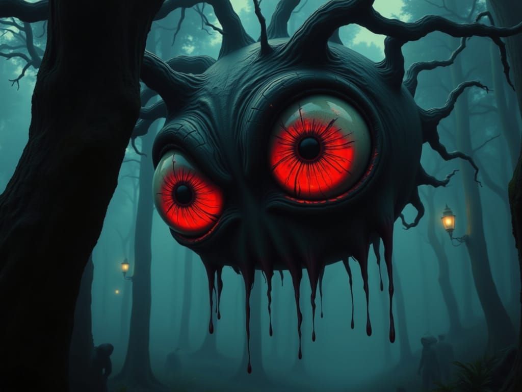 Giant Glowing Red Eyes in Haunted Forest