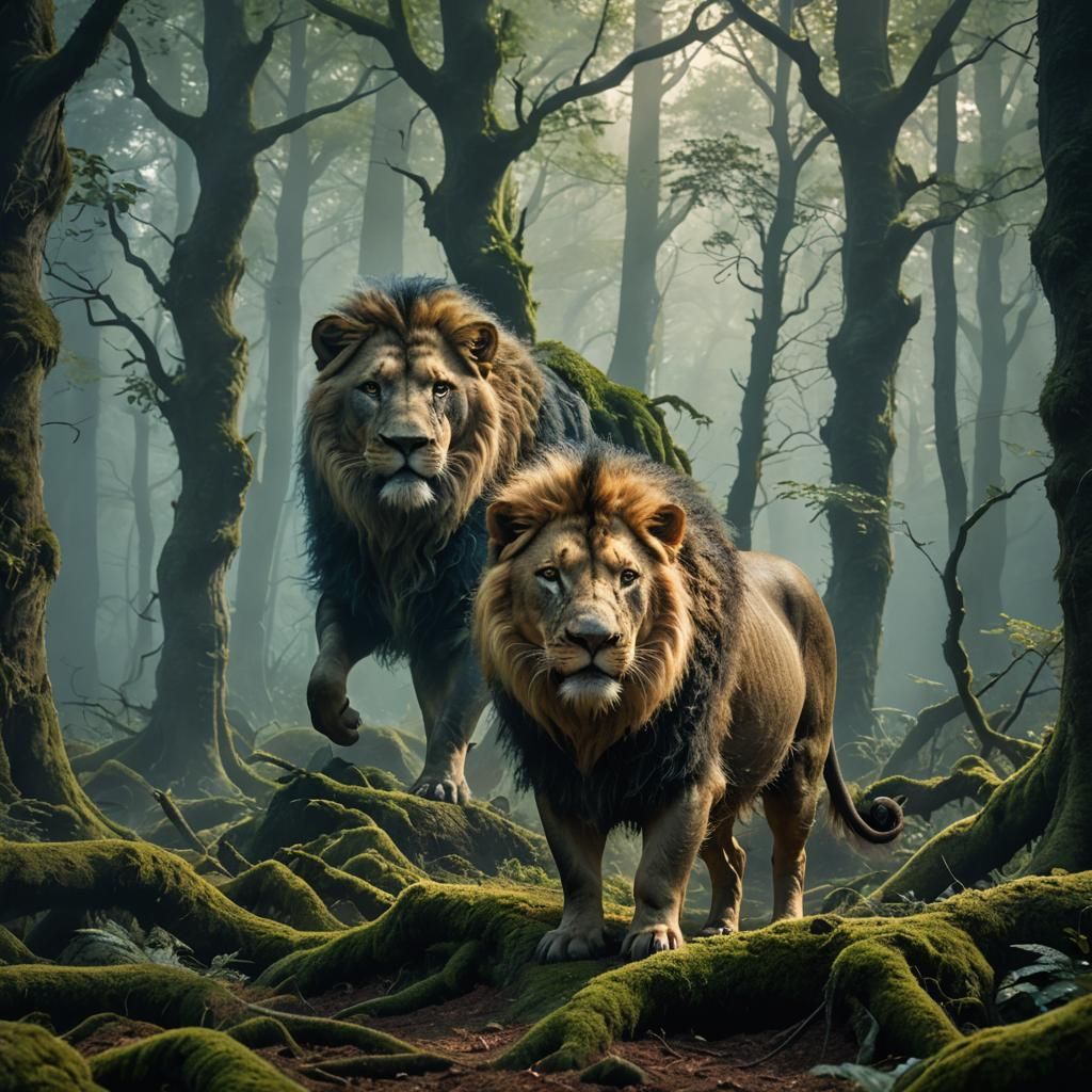 Pig-Lion Hybrid in Misty Forest, Epic Fantasy Art