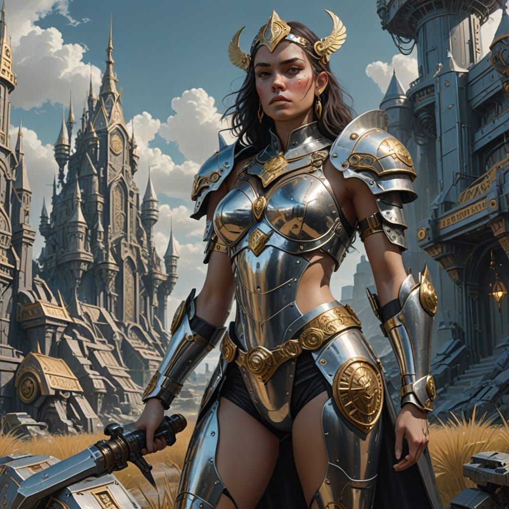 Heroic Warrior Goddess in Cyberpunk Armor