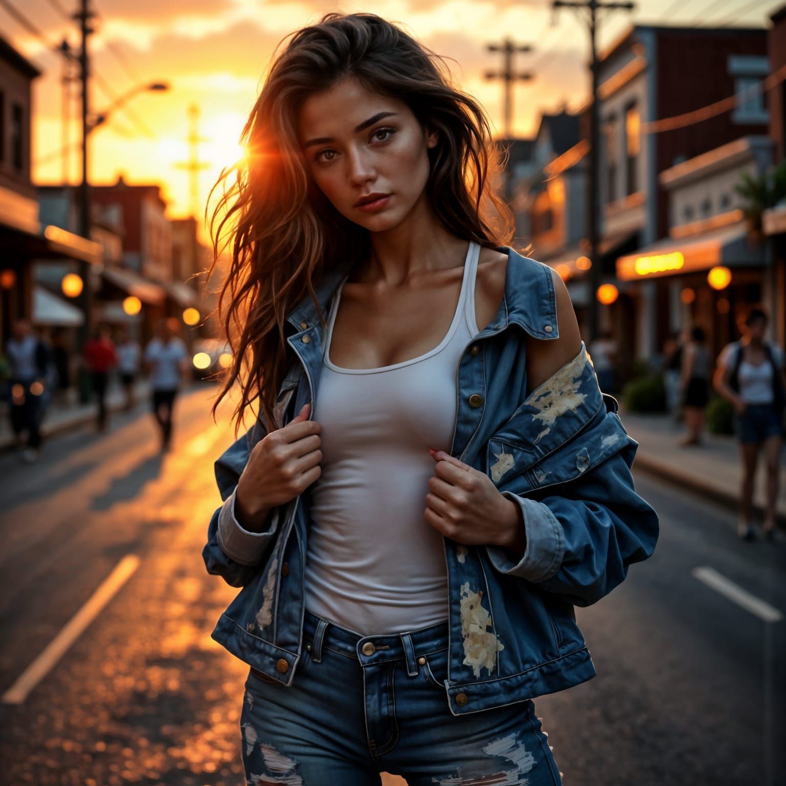 Emotional Portrait of a Young Woman in a Hyperrealistic Town...