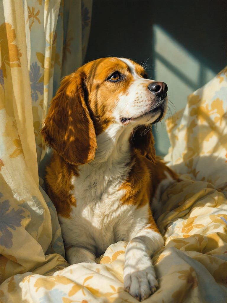 Dog Bathed in Golden Sunlight, Dutch Golden Age Style