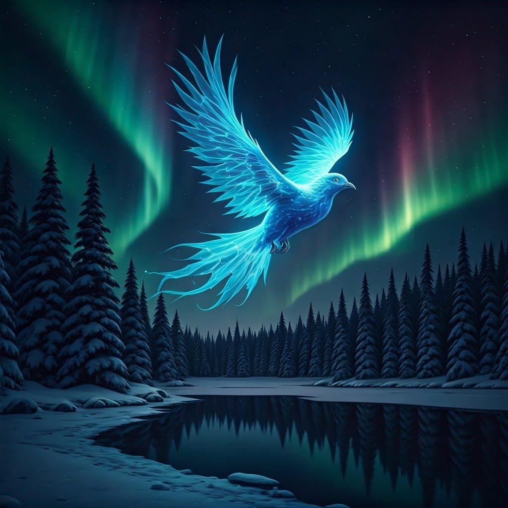 Ethereal Frost Phoenix Soars Under Kaleidoscopic Aurora