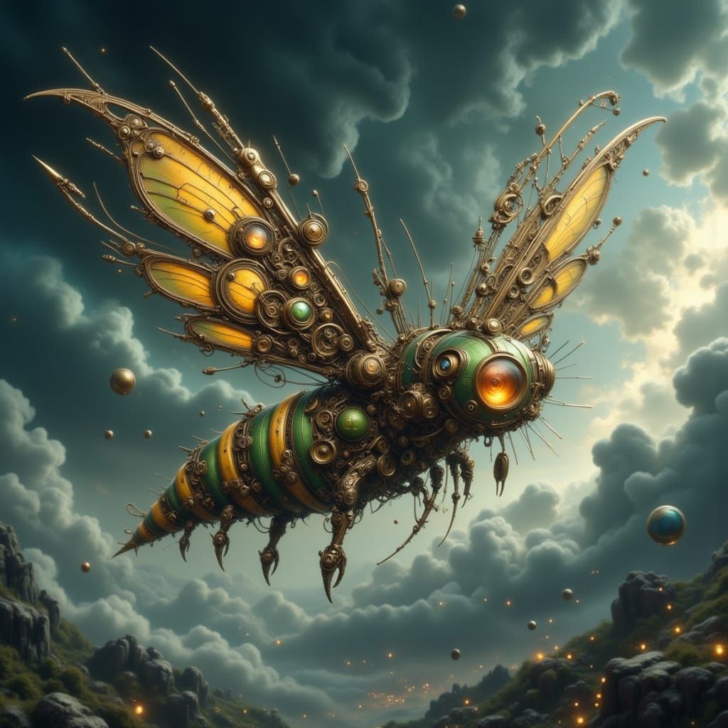 Steampunk Caterpillar Soaring Through Stormy Skies