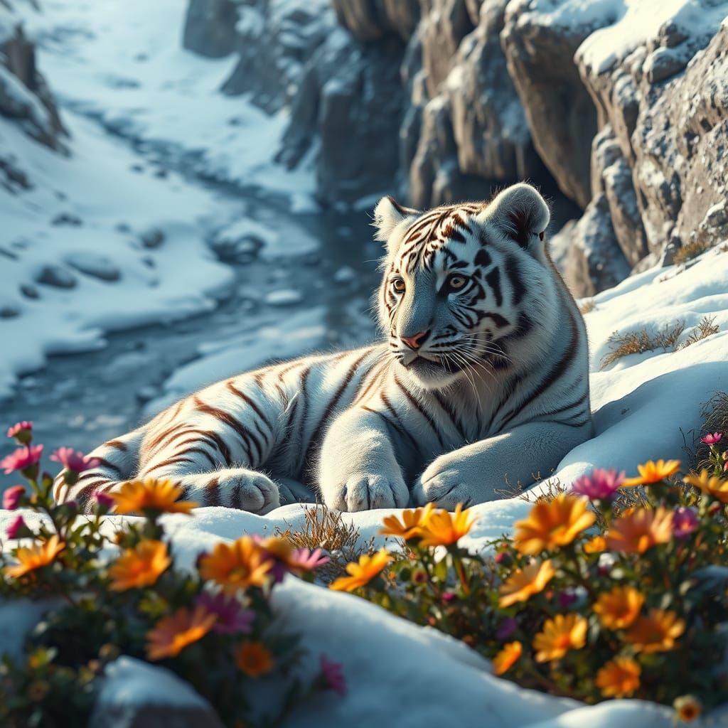 Silver Tiger Cub in Snowy Mountain Landscape