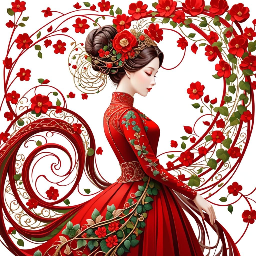 Woman in Ornamental Dress: String Art Oil Painting