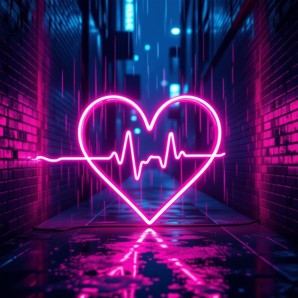 Pulsing Neon Heart in Dark Urban Alleyway