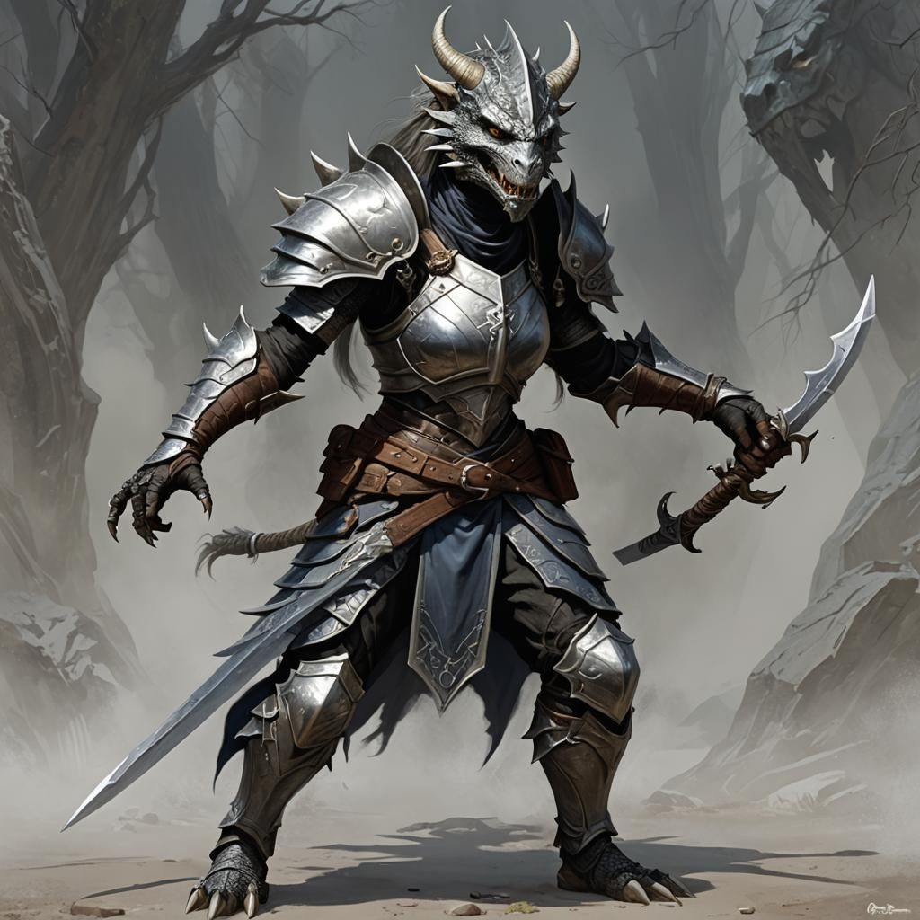 Silver Dragonborn Fighter in Sinister Style