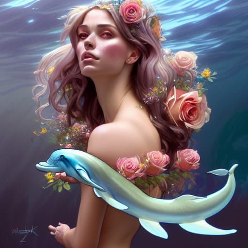 Mermaids and Dolphins in Waves of Roses