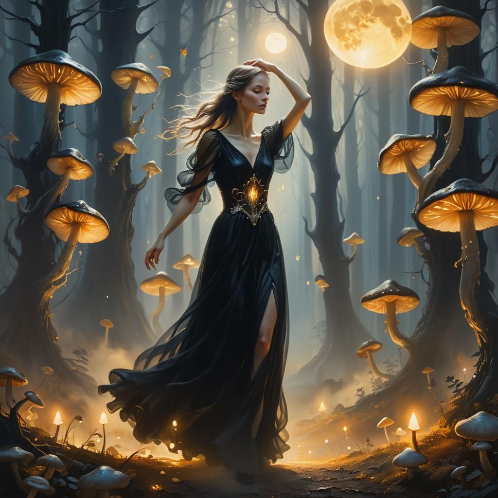 Ethereal Woman in Moonlit Forest: Dark Fantasy Art