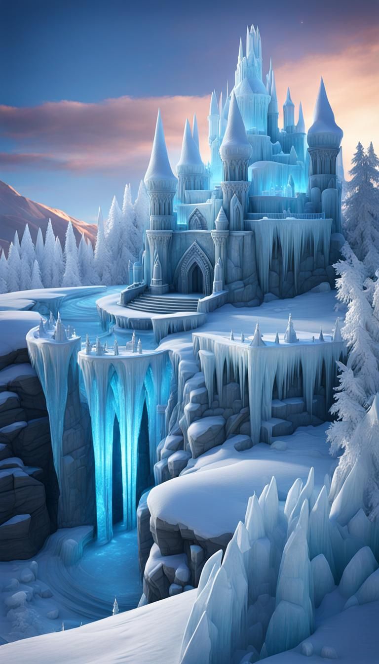 Elaborate Ice Castle in Frozen Northern Landscape