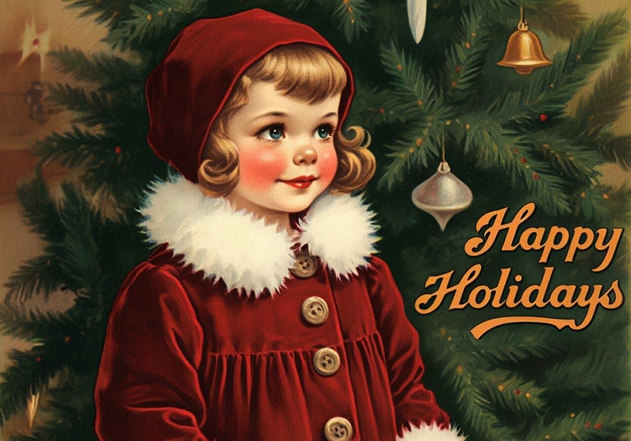 Vintage Christmas Card with Girl in Red Coat