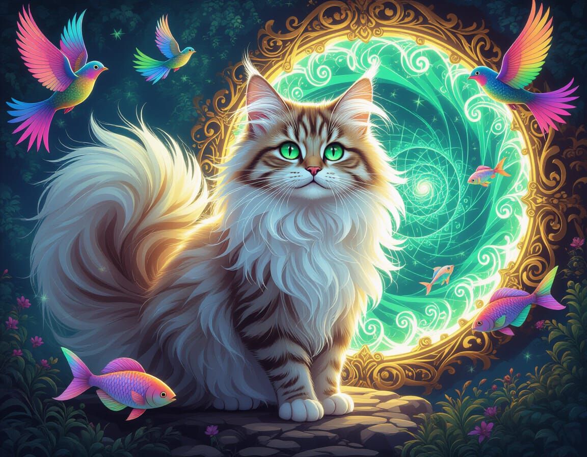 Majestic Fractal Cat Guards Spiral Portal