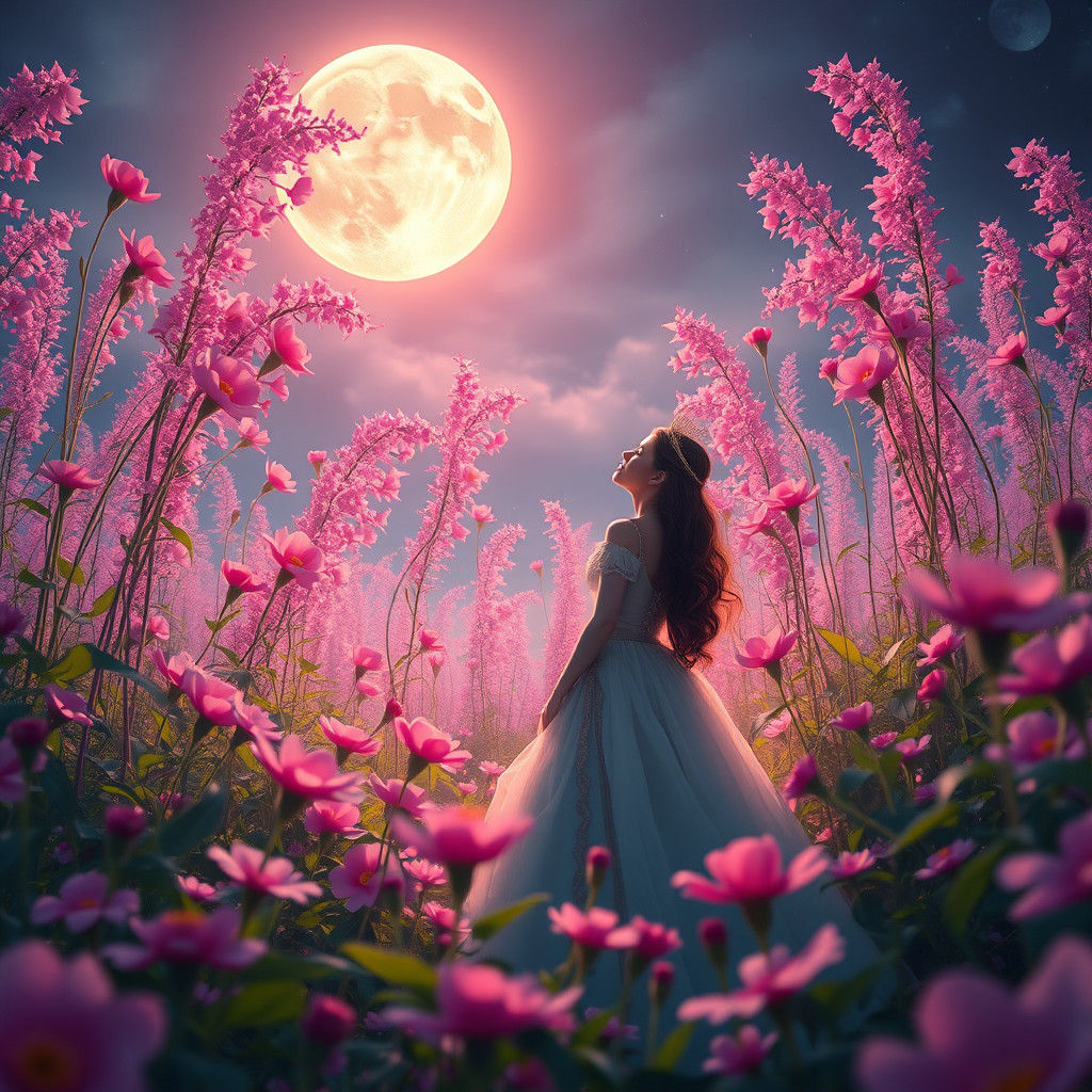 Princess in Moonlight Flower Field: Enchanting Matte Paintin...