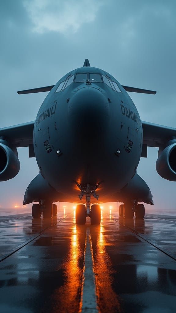 C-17 Globemaster on Misty Runway at Twilight