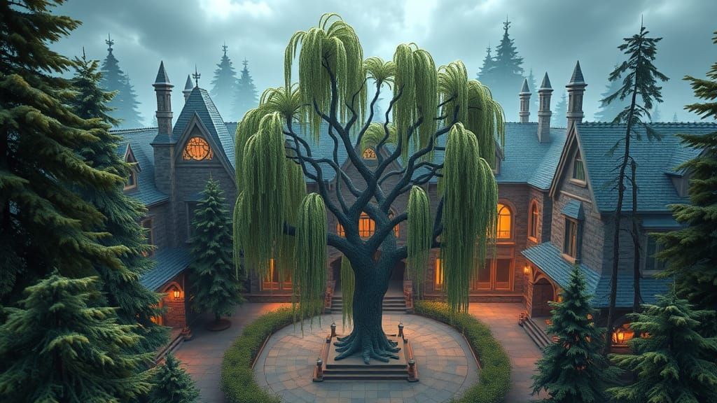 Mystical Magic School with Willow Tree, in Hyperrealistic St...