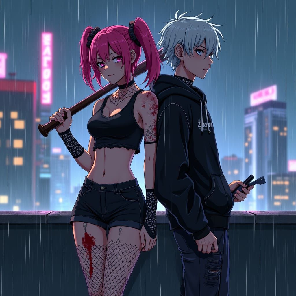 Cyberpunk Anime Duo in Neon City Rain