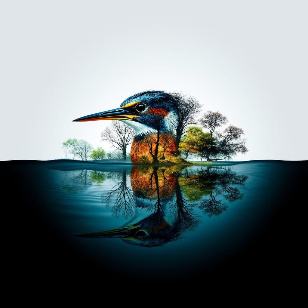 dual exposure closeup King Fisher  bird emerging from water, liquid, damp wet world night landscape dual exposed w...