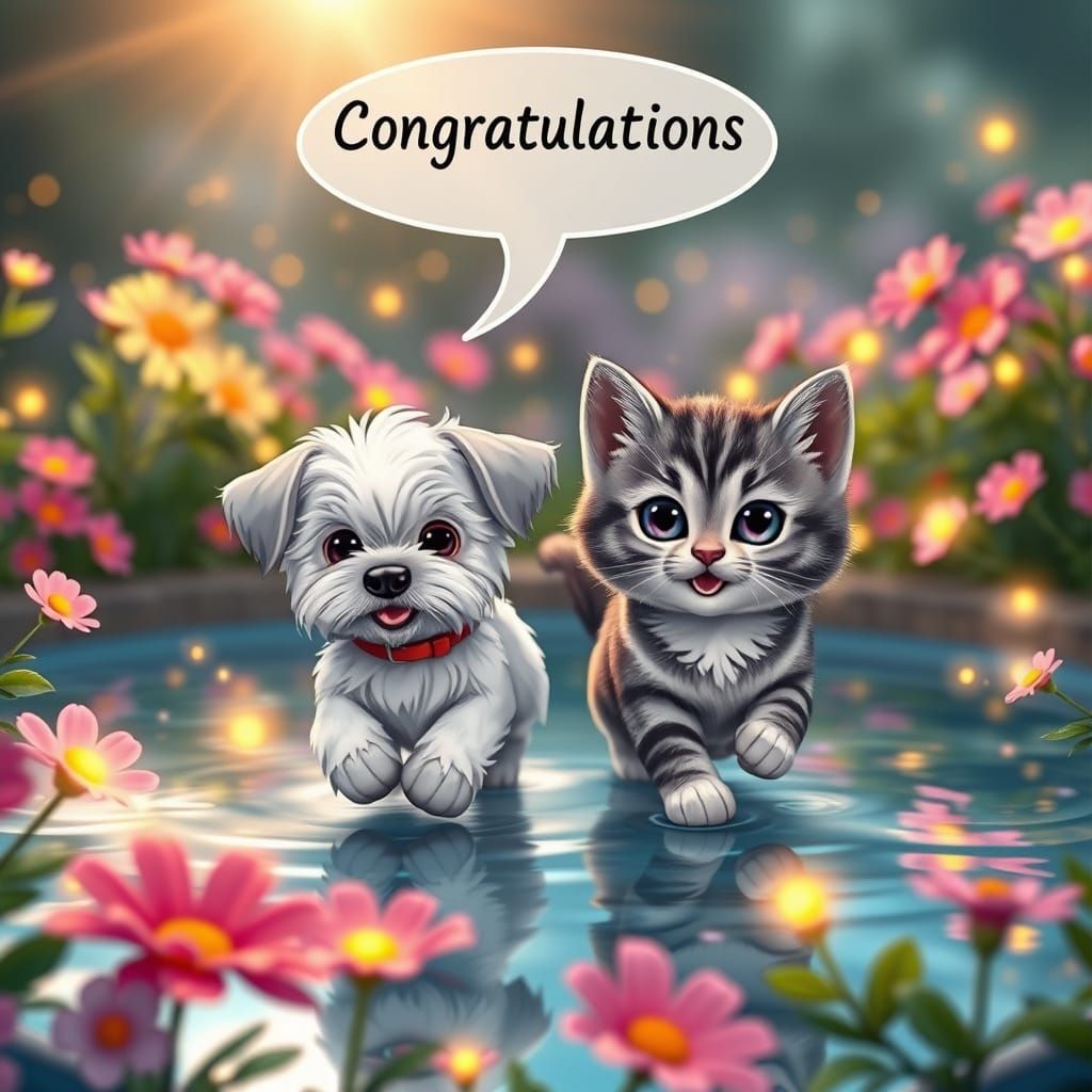Chibi Maltese Dog & Kitten Celebrate with Speech Bubble