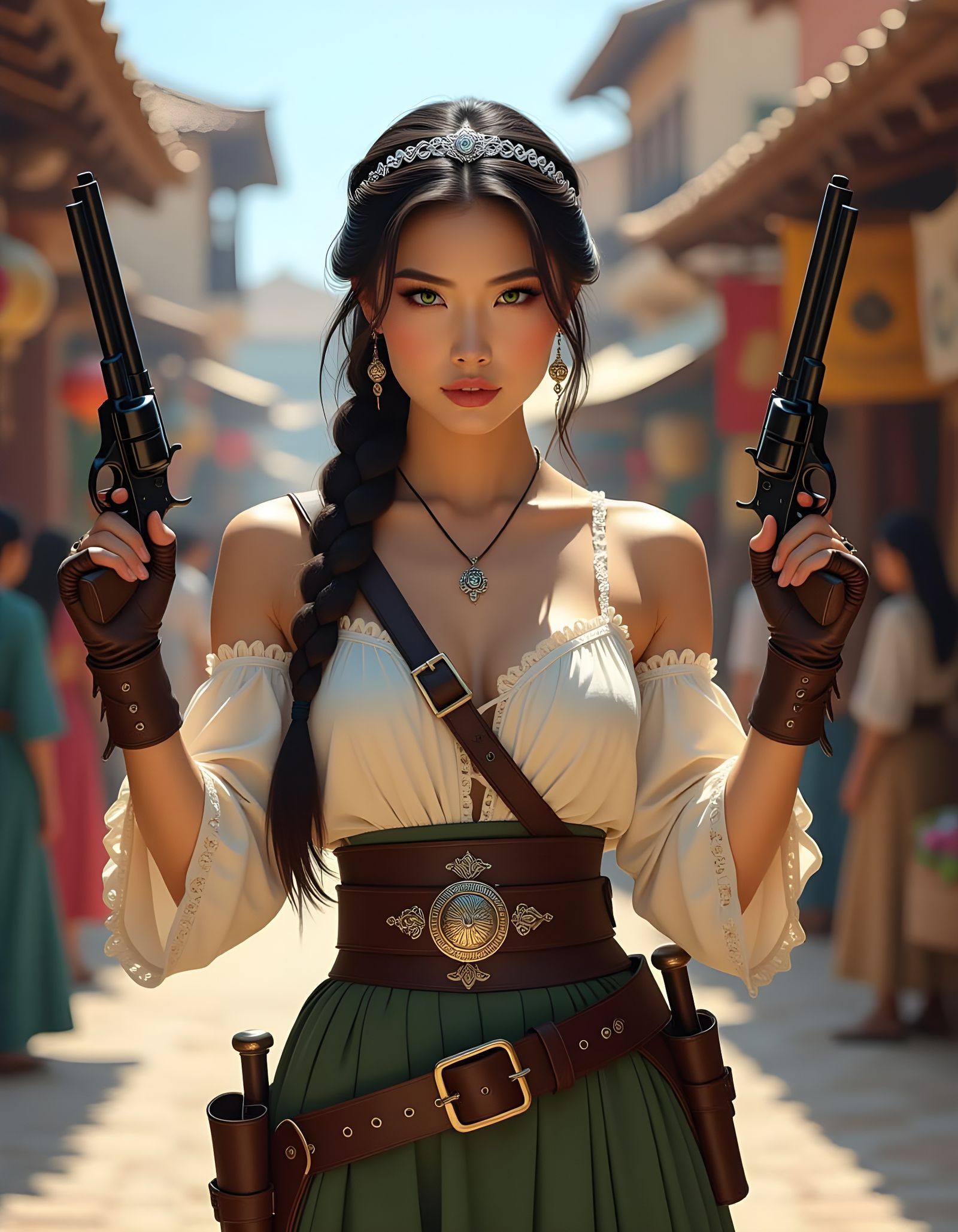 Asian Gunslinger Woman in Medieval Market