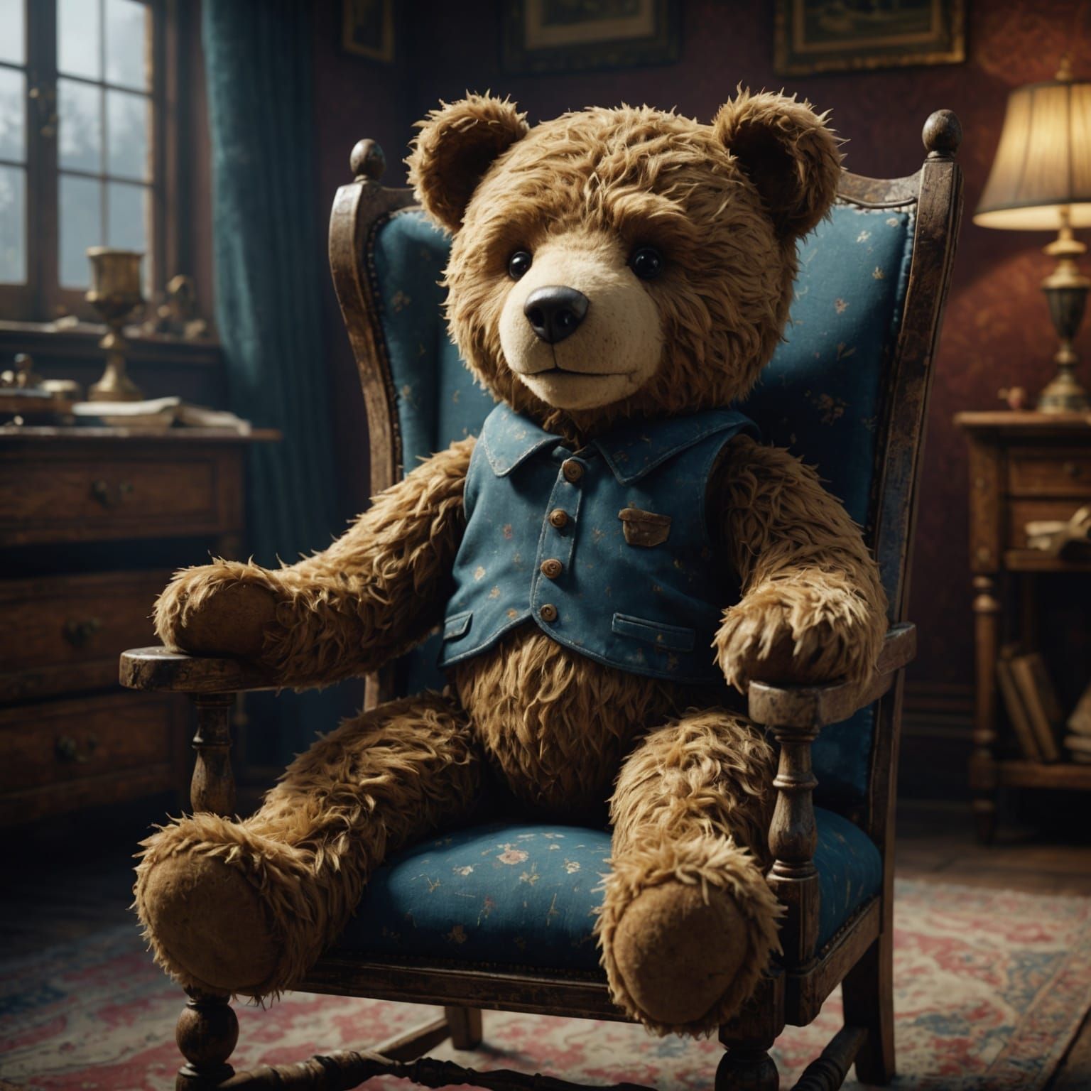 Battered Teddy Bear in Chair: Detailed Matte Painting