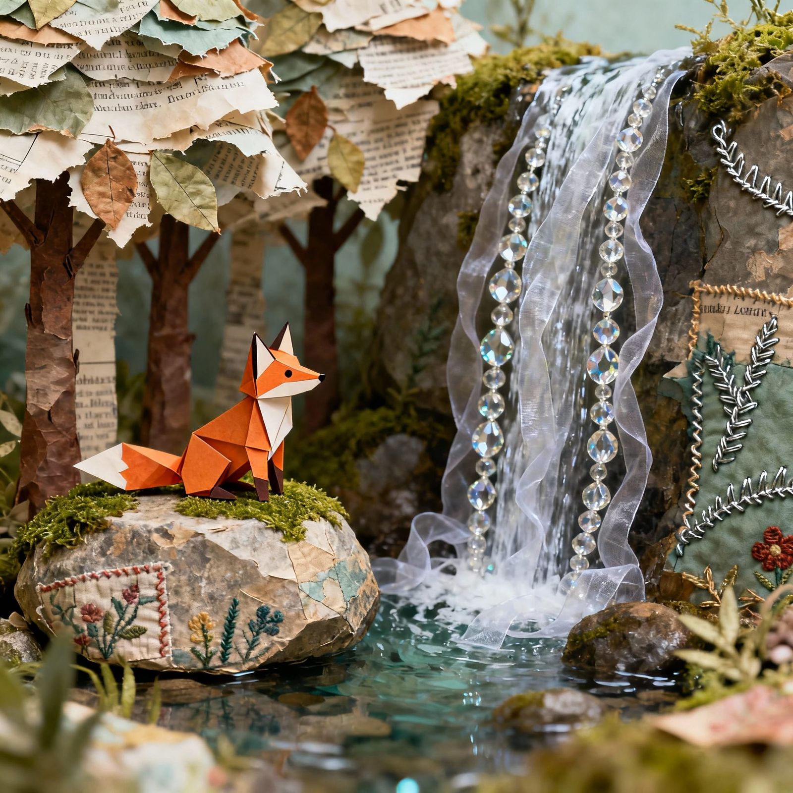 Cute Origami Fox in Mixed Media Waterfall Landscape