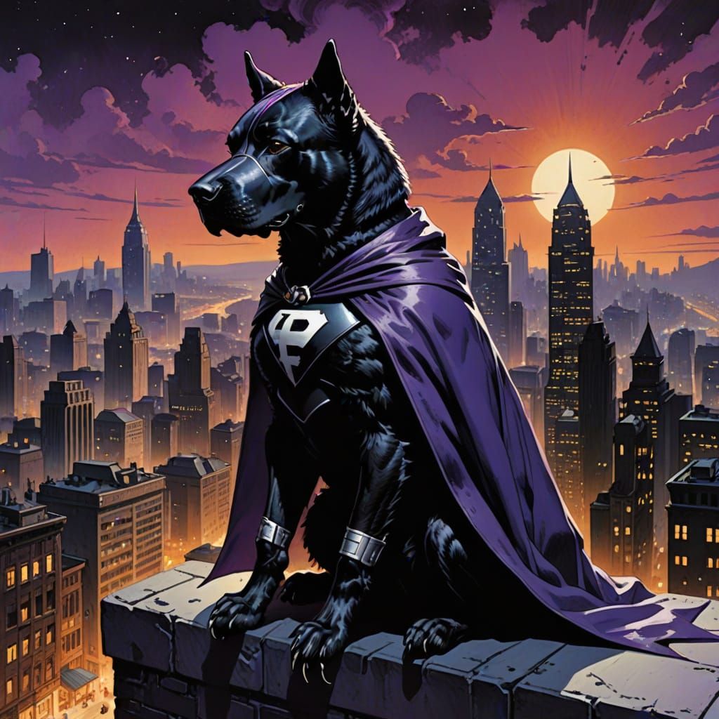 Groodle Dog Superhero Overlooking City, Comic Book Style