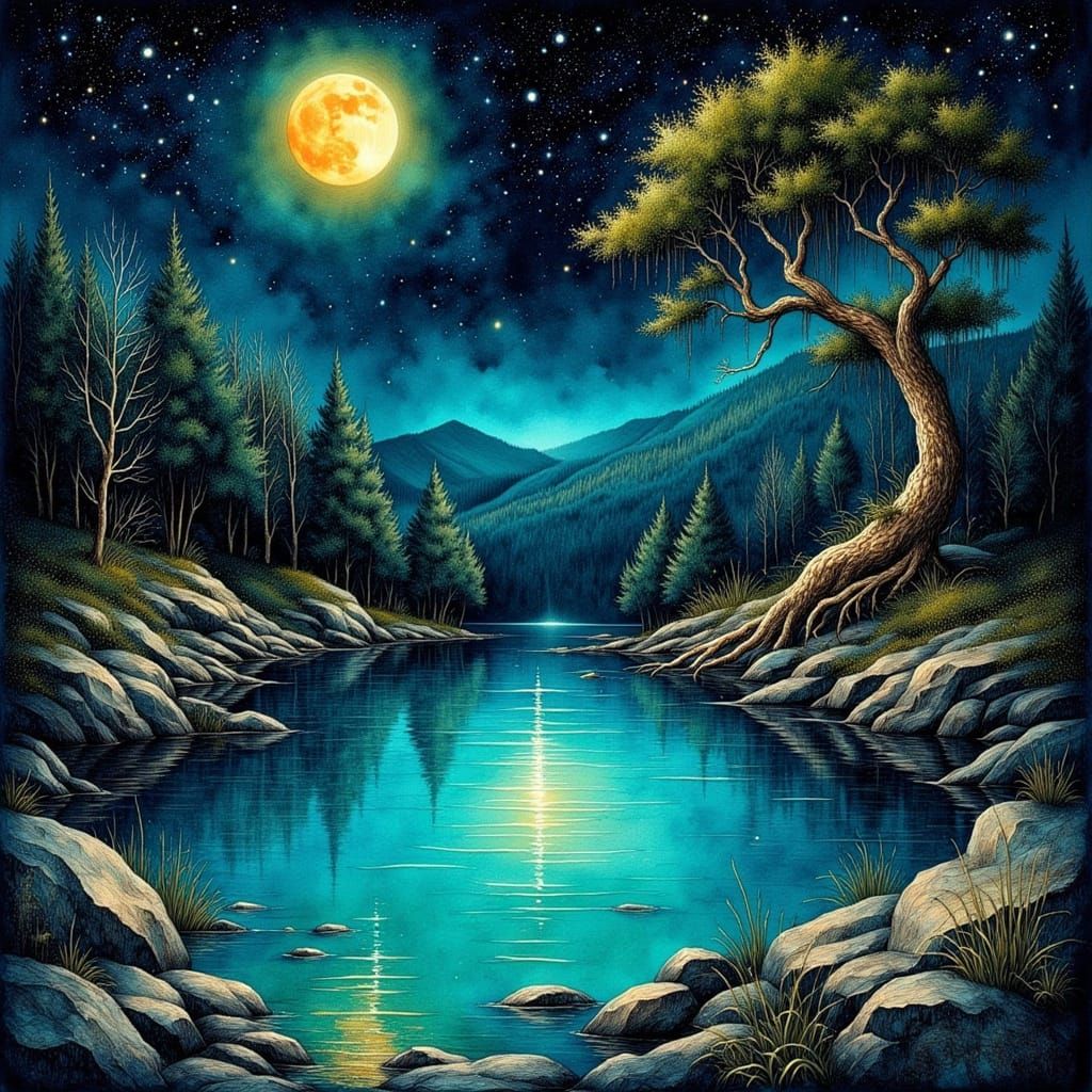 Bioluminescent Hot Springs in Gouache Impasto Style